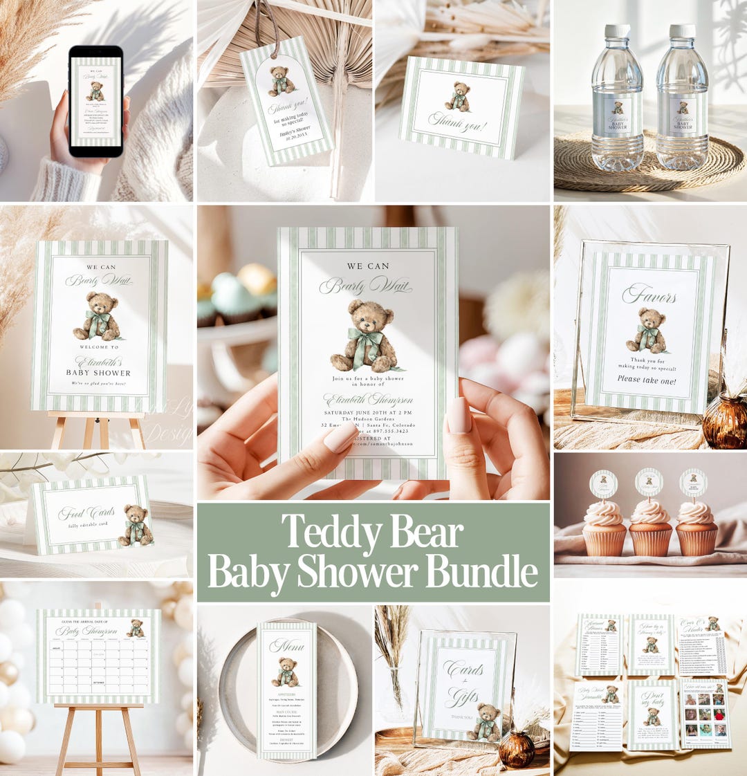 Teddy Bear Baby Shower Invitation Bundle We Can Bearly Wait Green Bow ...