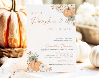 Fall Baby Shower Invitation Bundle, Pumpkin Baby Shower Invite, Boho Baby Shower Invite, A Little Pumpkin is on the Way Neutral Invite G5