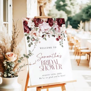 Burgundy Bridal Shower Welcome Sign Template, Blush Pink Rose Bridal Brunch Sign, Printable Red Marsala Floral Welcome Sign Floral Spring O1