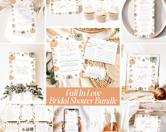 Puede incluir: Un conjunto de papelería para despedida de soltera con temática otoñal, con calabazas y hojas en acuarela. El set incluye invitaciones, menús, etiquetas, tarjetas de recetas, carteles y juegos con el texto Fall In Love.