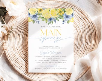 Main Squeeze Bridal Shower Invitation Lemon Bridal Shower Citrus Bridal Shower Invite Blue Mediterranean Lemon Theme Blue Lemons, MS