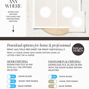 May include: A digital download for printable designs. Choose between home printing options with a PDF file or professional printing options with a JPG or PDF file. Options include show bleed, show trim marks, and save paper.
