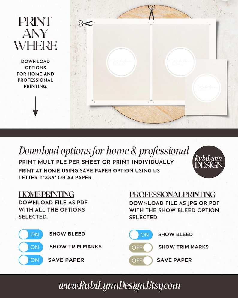 May include: A digital download for printable designs. Choose between home printing options with a PDF file or professional printing options with a JPG or PDF file. Options include show bleed, show trim marks, and save paper.