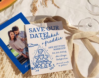 Save The Date Template, Hand Drawn Parisian Champagne Tower Invitation, Quirky Handwritten Whimsical Vintage Doodle Wedding Announcement PR
