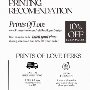 May include: A graphic with the text "Prints of Love" and a website address. The graphic also includes a coupon code for 10% off your order. The graphic also includes information about free shipping and eco-friendly practices.