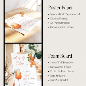 May include: Two party signs, one on paper and one on foam board, with a watercolor illustration of an Aperol Spritz cocktail and orange slices. The signs read "Welcome to Hailey's 30th Birthday" with the date.