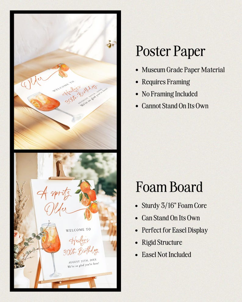 May include: Two party signs, one on paper and one on foam board, with a watercolor illustration of an Aperol Spritz cocktail and orange slices. The signs read "Welcome to Hailey's 30th Birthday" with the date.