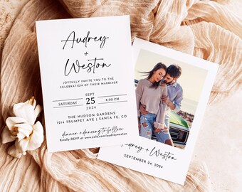 Könnte beinhalten: Eine weiße Hochzeitseinladungskarte mit schwarzem Text, der lautet: Audrey + Weston, joyfully invite you to the celebration of their marriage, Saturday Sept 25 2024, 4:00 PM, The Hudson Gardens, 1214 Trumpet Ave, Santa Fe, CO.