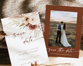 May include: Two rectangular save the date cards. One features floral illustrations and text reading "save the date, Samantha & Hunter are getting married, Saturday October 12, 20XX, Enterprise, Alabama". The other has a photo and "save the date".
