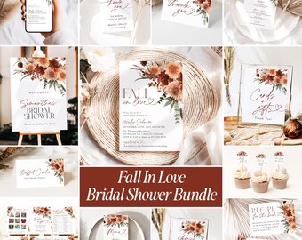 Fall in Love Bridal Shower Bundle, Fall Floral Bridal Shower Invitation, Editable Game Bundle, Printable Rustic Bridal Shower Games, J8