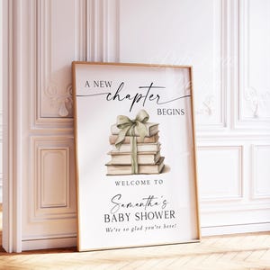 Szablon powitalnego napisu na baby shower z nowym rozdziałem, edytowalny plakat z motywem bajki, zielony napis na przyjęciu z motywem książki z kokardą, początek nowej historii, Wielka Brytania zdjęcie 7