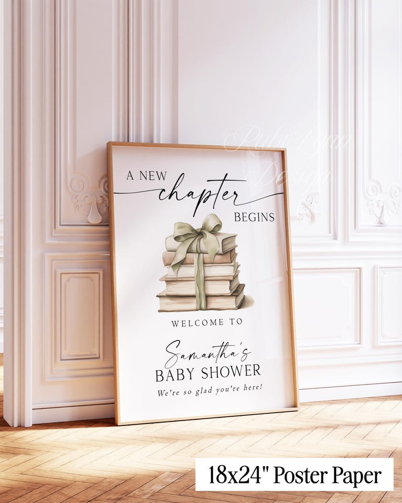 Szablon powitalnego napisu na baby shower z nowym rozdziałem, edytowalny plakat z motywem bajki, zielony napis na przyjęciu z motywem książki z kokardą, początek nowej historii, Wielka Brytania zdjęcie 7