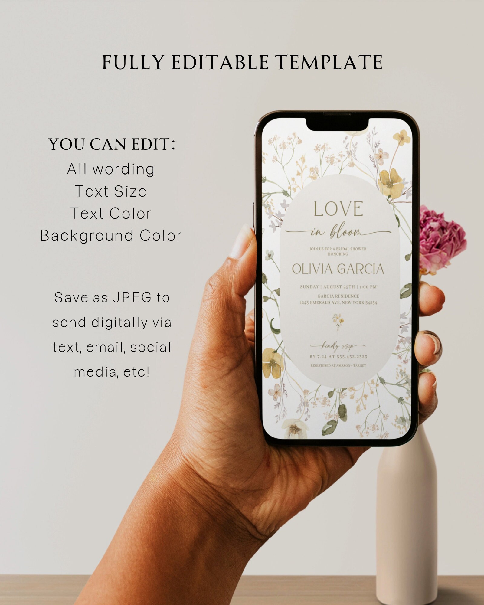 Wildflower Bridal Shower Evite Template, Boho Electronic Bridal Shower ...