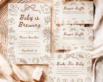 Invitación para baby shower con diseño de granos de café dibujados a mano, plantilla editable escrita a mano C8