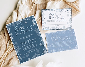 Winter Baby Shower Bundle, Modern Blue Boy Baby Shower, Baby It's Cold Outside, Printable Winter Wonderland Baby Shower, Editable Template