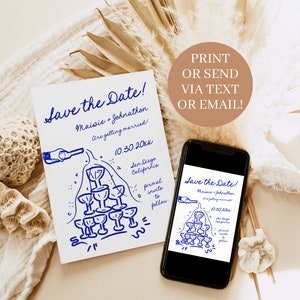 French Style Inspired Save the Date Template, DIY Editable Hand Drawn Champagne Tower Invite, Customizable Handwritten Doodle Text PR image 6