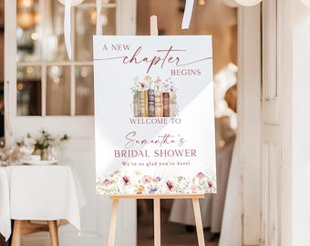 Printed + Shipped A New Chapter Bridal Shower Welcome Sign, Floral Storybook Bridal Shower Welcome Sign, Spring Summer Wildflower NC2