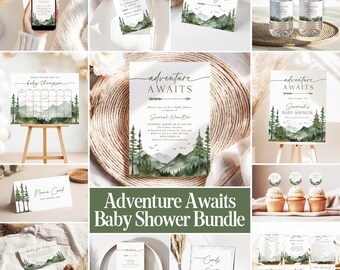 Mountain Baby Shower Invitation Bundle Adventure Awaits Oh Boy Let the Adventure Begin Forest Baby Games + Signs Editable Template AA