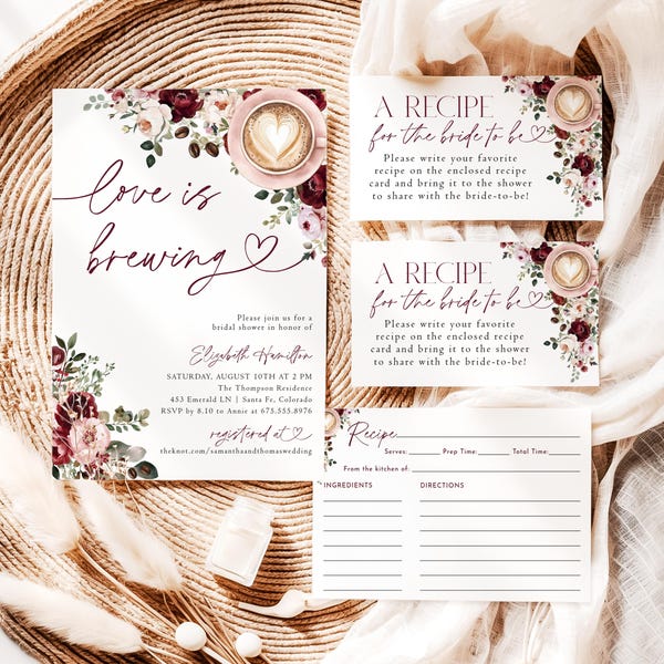 Love Is Brewing Bridal Shower Invitation Set Coffee Theme Brunch & Bubbly Invite Bundle Floral Wedding Shower Invites Printed + Shipped M2