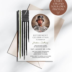 May include: A retirement celebration invitation with a green, black, and white American flag design. The invitation features a photo of a man in military uniform and the text "Retirement Celebration in honor of Jackson Calloway and his many years of dedicated service. Sat | August 28 | 2 PM. The Calloway Residence 4390 Emerald Drive Sand Diego, CA 56984. Kindly RSVP to Sarah 342.421.9856 or scallaway@gmail.com."