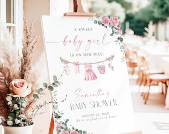 Girl Baby Shower Welcome Sign Boho Sweet Baby Girl Welcome Poster Blush Pink Roses Entrance Sign Floral Coquette Bow Printed + Shipped BG