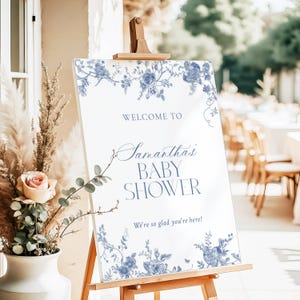 Printed + Shipped Vintage Chinoiserie Baby Shower Sign, Blue Floral Boy Baby Shower Welcome Sign, French Toile Baby Shower Welcome Poster Y1