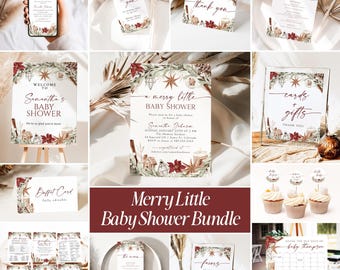 May include: A Merry Little Baby Shower bundle featuring stationery with watercolor illustrations of poinsettias, pinecones, cinnamon sticks, and stars. Includes invitations, welcome signs, menu cards, thank you tags, and game cards with elegant script text.
