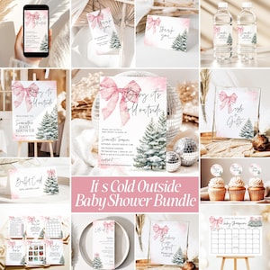Baby Its Cold Outside Pink Bow Baby Shower Bundle Snowy Pine Trees Winter Wonderland Shower Games Templates Snowflakes Editable Invite SF
