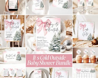 Baby Its Cold Outside Pink Bow Baby Shower Bundle Snowy Pine Trees Winter Wonderland Shower Games Templates Snowflakes Editable Invite SF