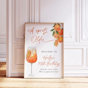 May include: A framed poster with watercolor illustrations of oranges and a cocktail. The text reads "A Spritz Older" and welcomes guests to Hailey's 30th Birthday on August 25th. The poster is 18x24 inches.