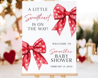 Valentine's Day Baby Shower Welcome Sign Little Sweetheart is on the Way Baby Shower Poster Red Bow Heart Theme Shower Printed + Shipped SH2