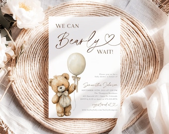 We Can Bearly Wait Baby Shower Invite Boho Teddy Bear Invitation Gender Neutral Baby Sprinkle Editable Template Instant Download BW