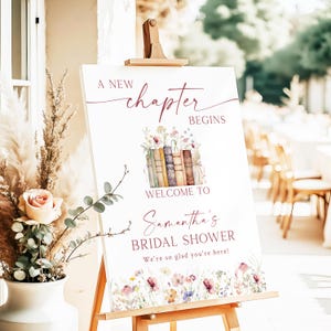 A New Chapter Bridal Shower Welcome Sign, Floral Storybook Bridal Shower Welcome Sign, Spring Summer Wildflower, Editable Template NC2