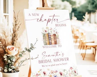 A New Chapter Bridal Shower Welcome Sign, Floral Storybook Bridal Shower Welcome Sign, Spring Summer Wildflower, Editable Template NC2