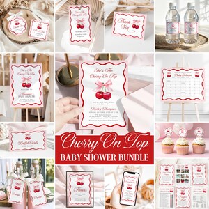 Cherry On Top Baby Shower Invitation Cherry Sweet Girl Shower Bundle Mon Cheri Pink Coquette Bow Invite Editable Berries Shower Games C3