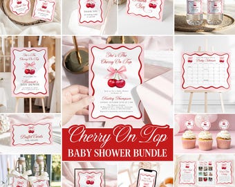 Cherry On Top Baby Shower Invitation Cherry Sweet Girl Shower Bundle Mon Cheri Pink Coquette Bow Invite Editable Berries Shower Games C3