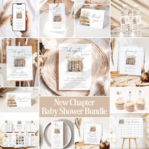 May include: A baby shower stationery bundle featuring a watercolour illustration of a stack of books topped with wildflowers. Items include invitations, thank you tags, signs, water bottle labels, cupcake toppers, and game cards with the text A New Chapter Begins.