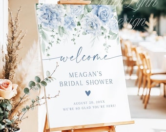 Something Blue Before I Do Bridal Shower Welcome Sign Dusty Blue Hydrangeas Welcome Poster Printable Editable Wedding Shower Sign BF