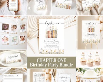 Pacote de Aniversário "Primeiro Capítulo", Pacote de Aniversário "Um Para os Livros", Placas de Aniversário com Tema de Livros, Decoração de Aniversário de Contos de Fadas, Modelo Editável CO