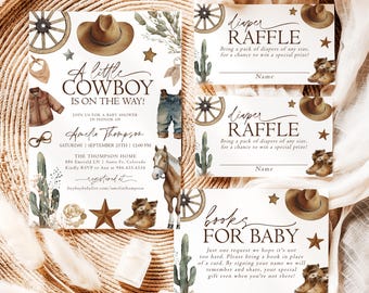 Cowboy Baby Shower Invitation A little Cowboy Is On The Way Invite Template Western Clothesline Baby Shower Bundle Blue Wild West W1