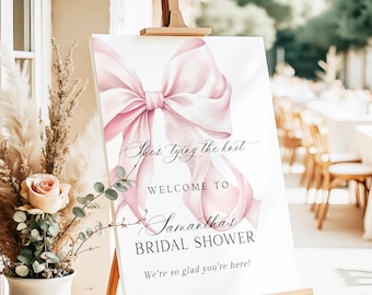 Shes Tying The Knot Bridal Shower Welcome Sign, Pink Bow Bridal Shower Entrance Sign, Blush Pink Ribbon Poster, Printed + Shipped X3