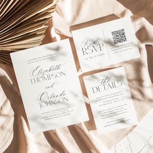 Wedding Invitation Suite Template Modern Minimalist Wedding Invite Set Wedding Invitation Bundle QR Code Details Card, RSVP Card, MC