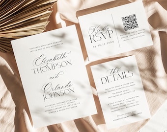 Moderne minimalistische Hochzeitseinladungs-Vorlage Hochzeitseinladung Set Hochzeitseinladung Bundle QR-Code Luxus altes Geld lädt MC ein