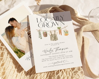 May include: A baby shower invitation card featuring the text LOCALLY GROWN and a watercolor illustration of baby clothes and produce on a clothesline. The card includes event details for Hailey Thompson on August 20th at 3 PM.
