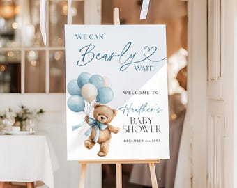 Bearly Wait Baby Shower Welcome Sign Teddy Bear Entrance Sign Blue Balloons Baby Shower Editable Template Digital Download BW1