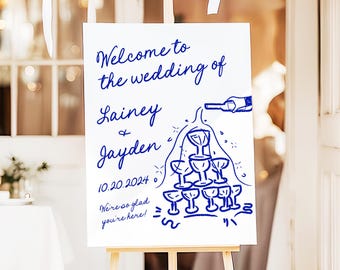 Champagne Tower Wedding Welcome Sign Template Hand Written Scribble Hand Drawn French Style Whimsical Doodle Illustration Event Signage, PR