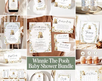 Little Honey Baby Shower Invitation Classic Winnie-the-Pooh Baby Gender Neutral Wildflower Shower Bundle Games + Signs Editable Template PB