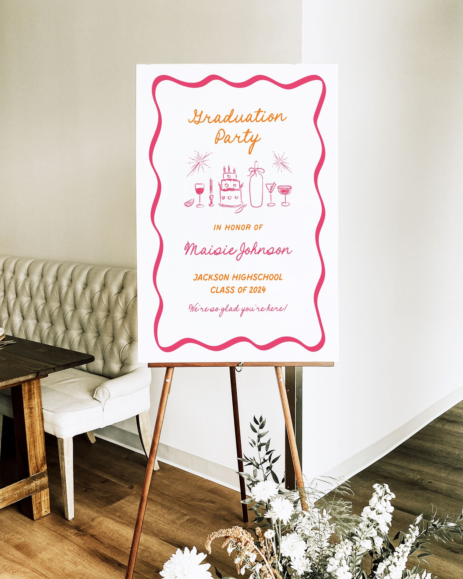 Whimsical Hand Drawn Graduation Party Sign Handwritten Wavy Border ...