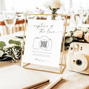 Letrero de boda "Captura el amor": plantilla totalmente editable para bricolaje, código QR para subir fotos, señalización para recepción, redes sociales para compartir fotos, decoración M1