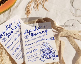 Save The Date Template, Hand Drawn Parisian Champagne Tower Invitation, Quirky Handwritten Whimsical Vintage Doodle Wedding Announcement PR